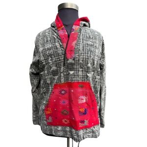 IXCHEL‎ Guatemala Hooded Pullover Jacket Aztec Pouch Pocket Cotton Large Boho